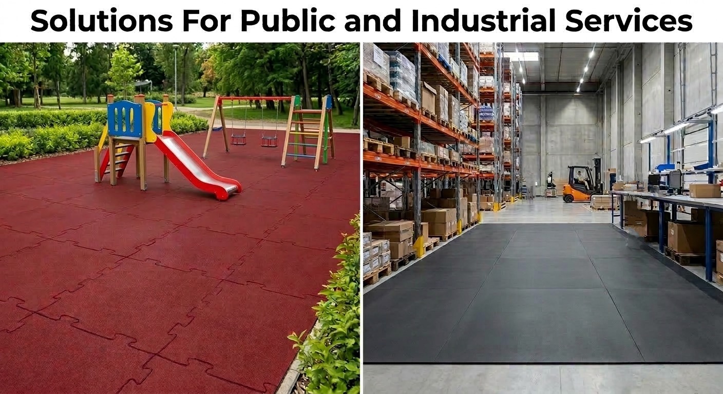 Rubber safety tiles in a playground and industrial warehouse
