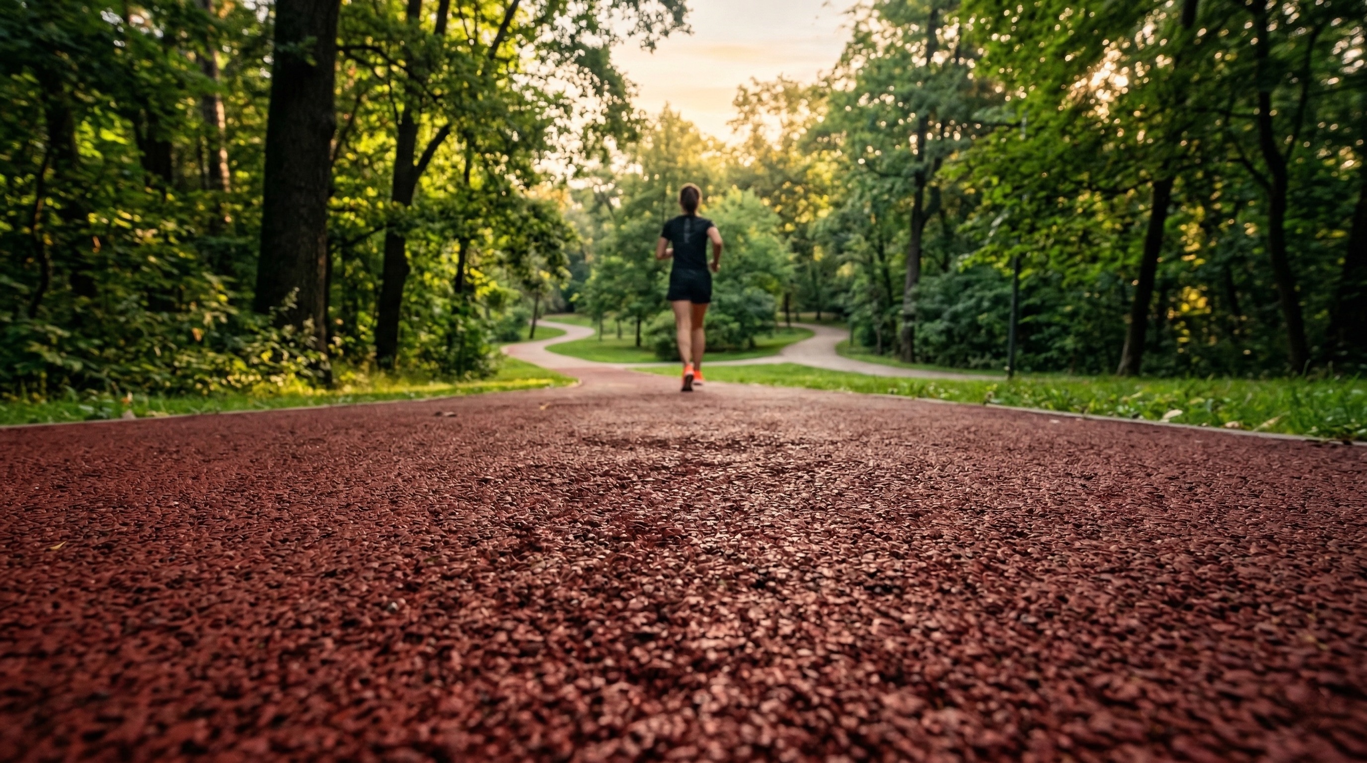 Recycled rubber running path surface in park setting
