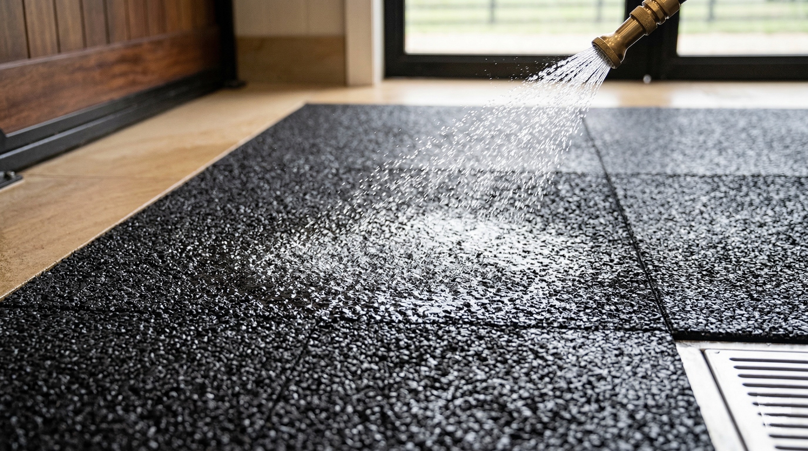 Water-permeable rubber wash bay mat being pressure washed