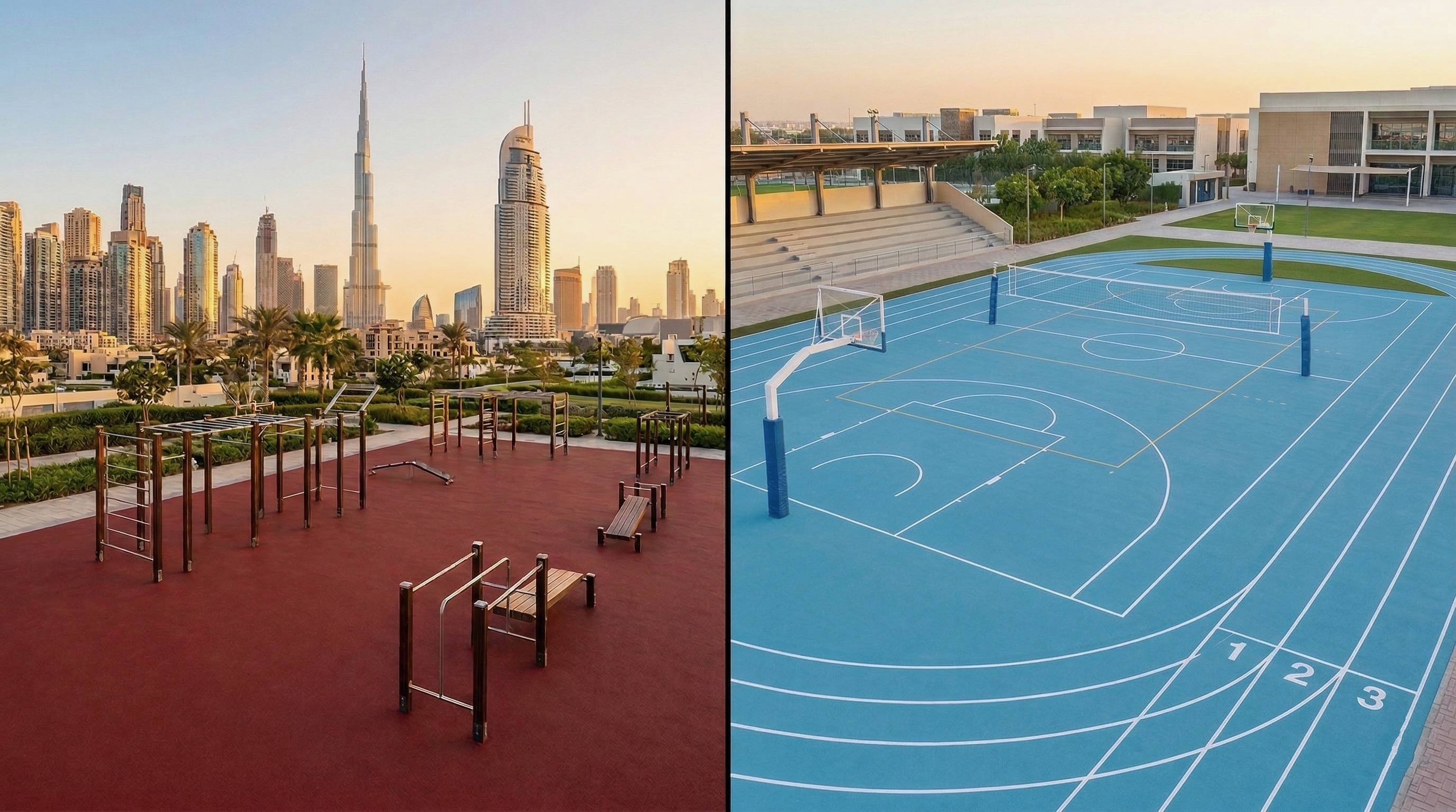 Outdoor gym and multisport court with recycled rubber surface