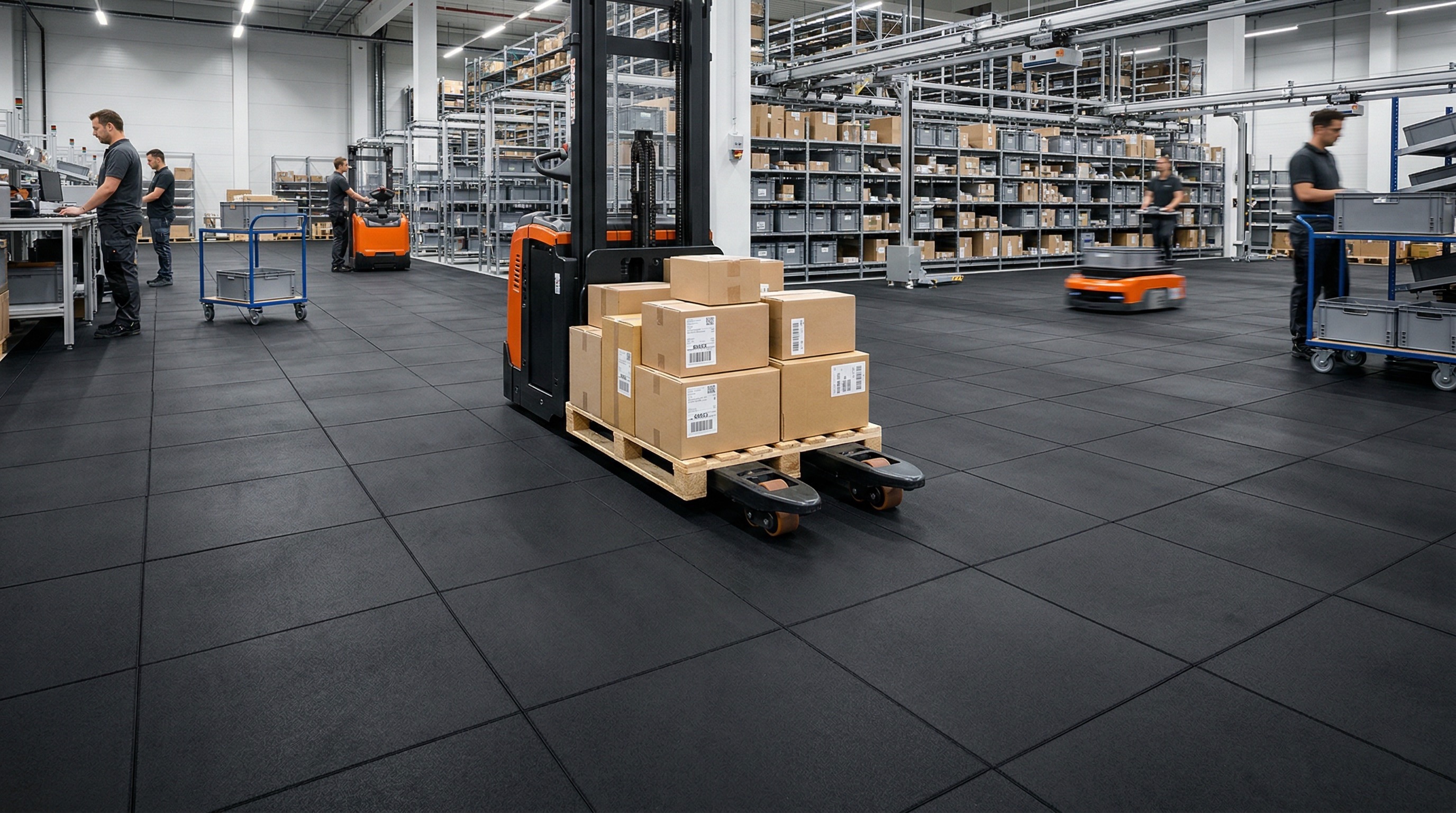 Warehouse logistics rubber floor mats with forklift