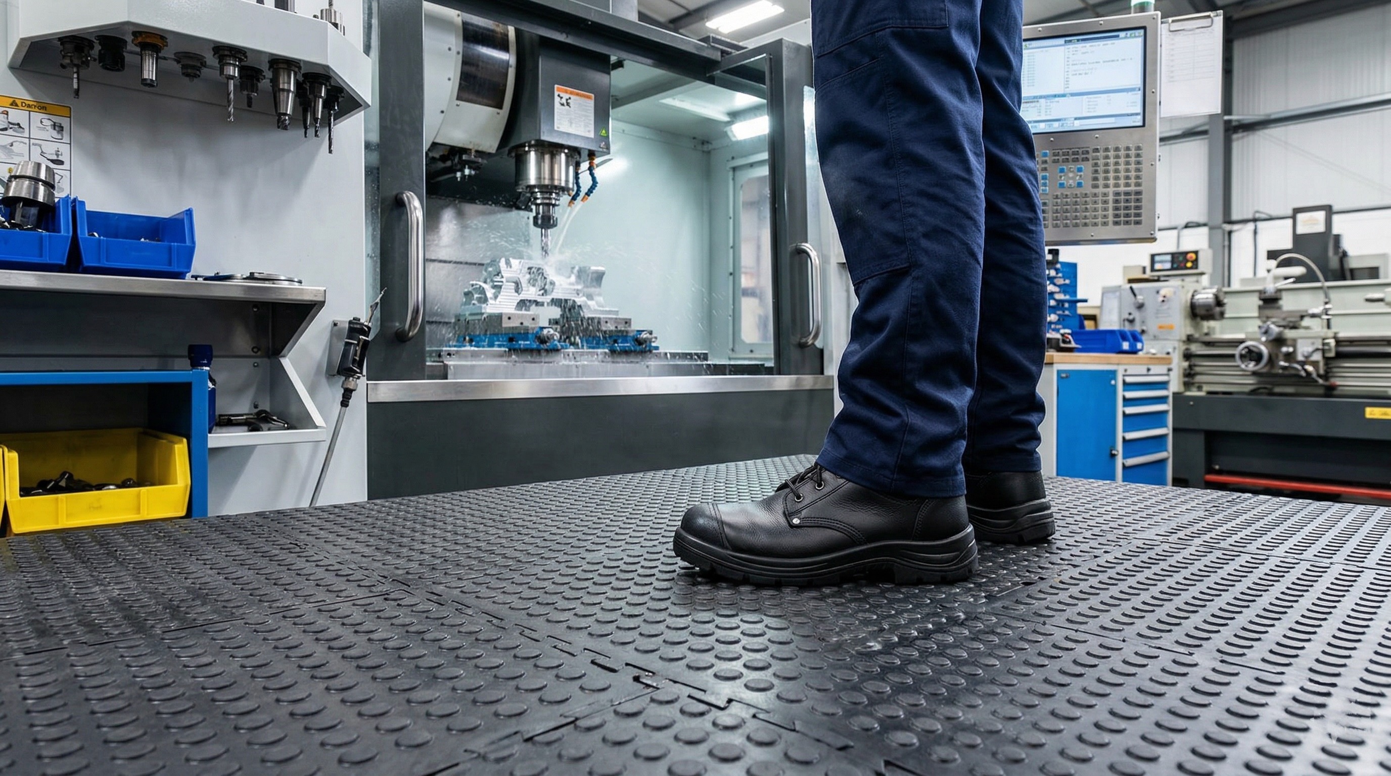 Industrial anti-fatigue rubber tiles in manufacturing facility