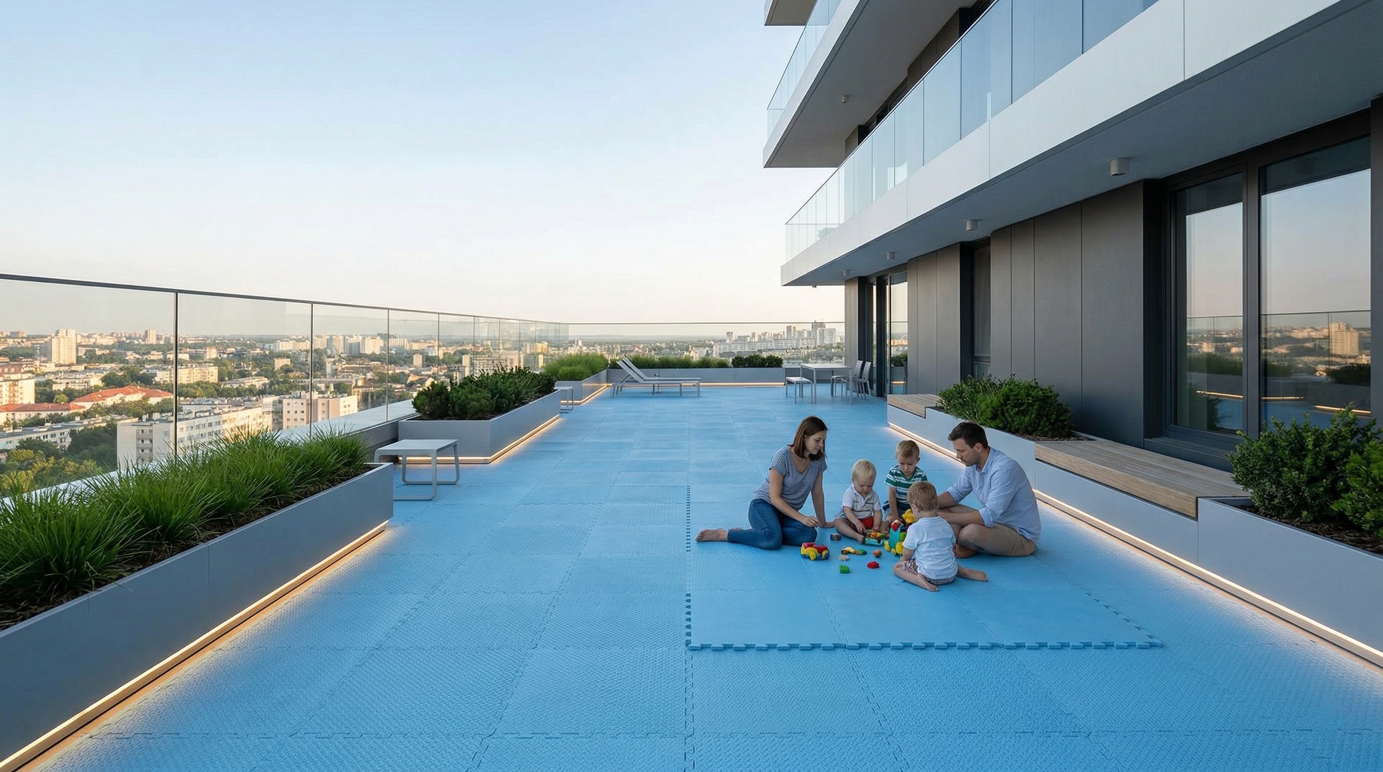 Child-safe recycled rubber rooftop pavers