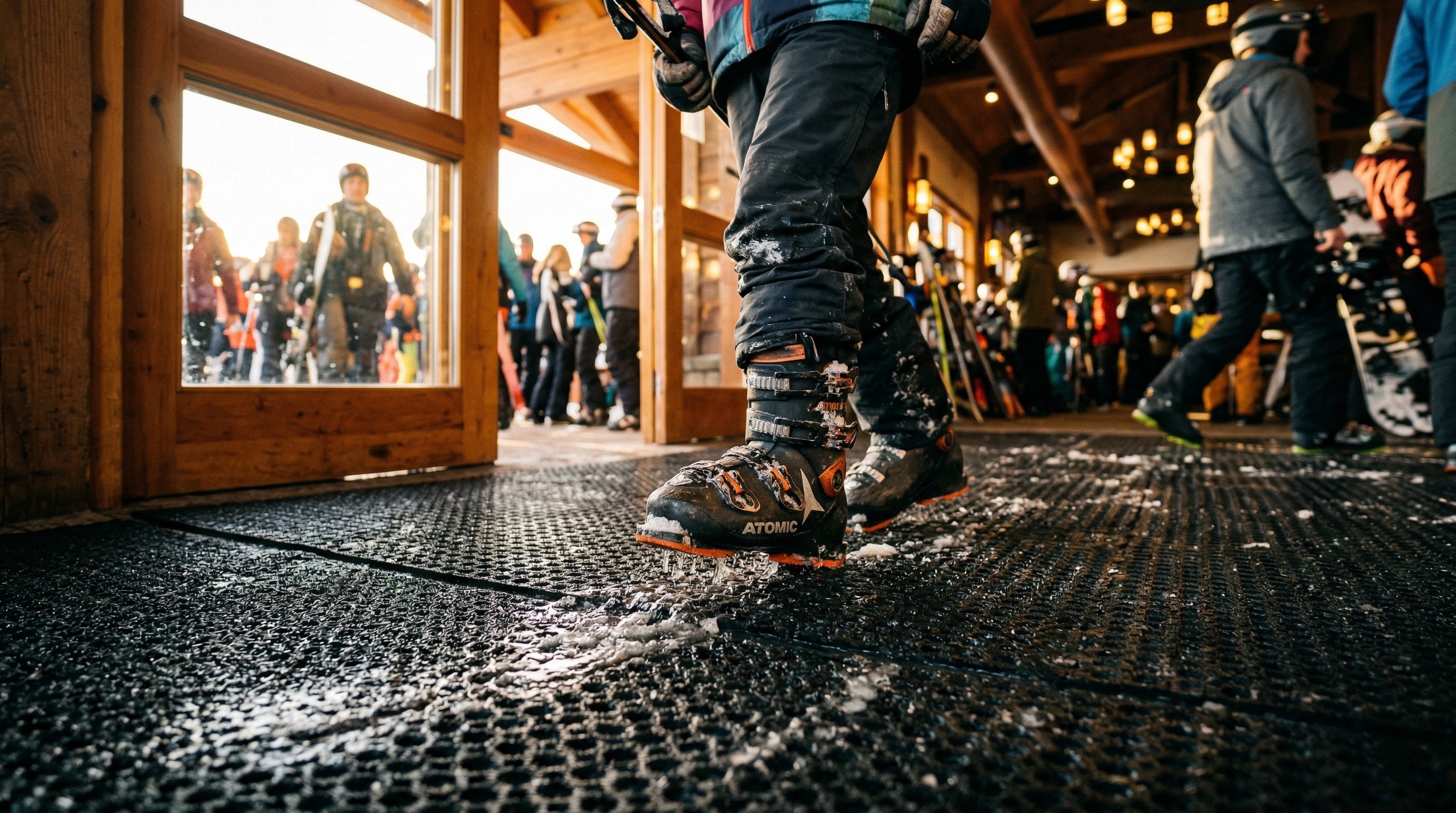 Winter-rated rubber entrance mats at ski lodge