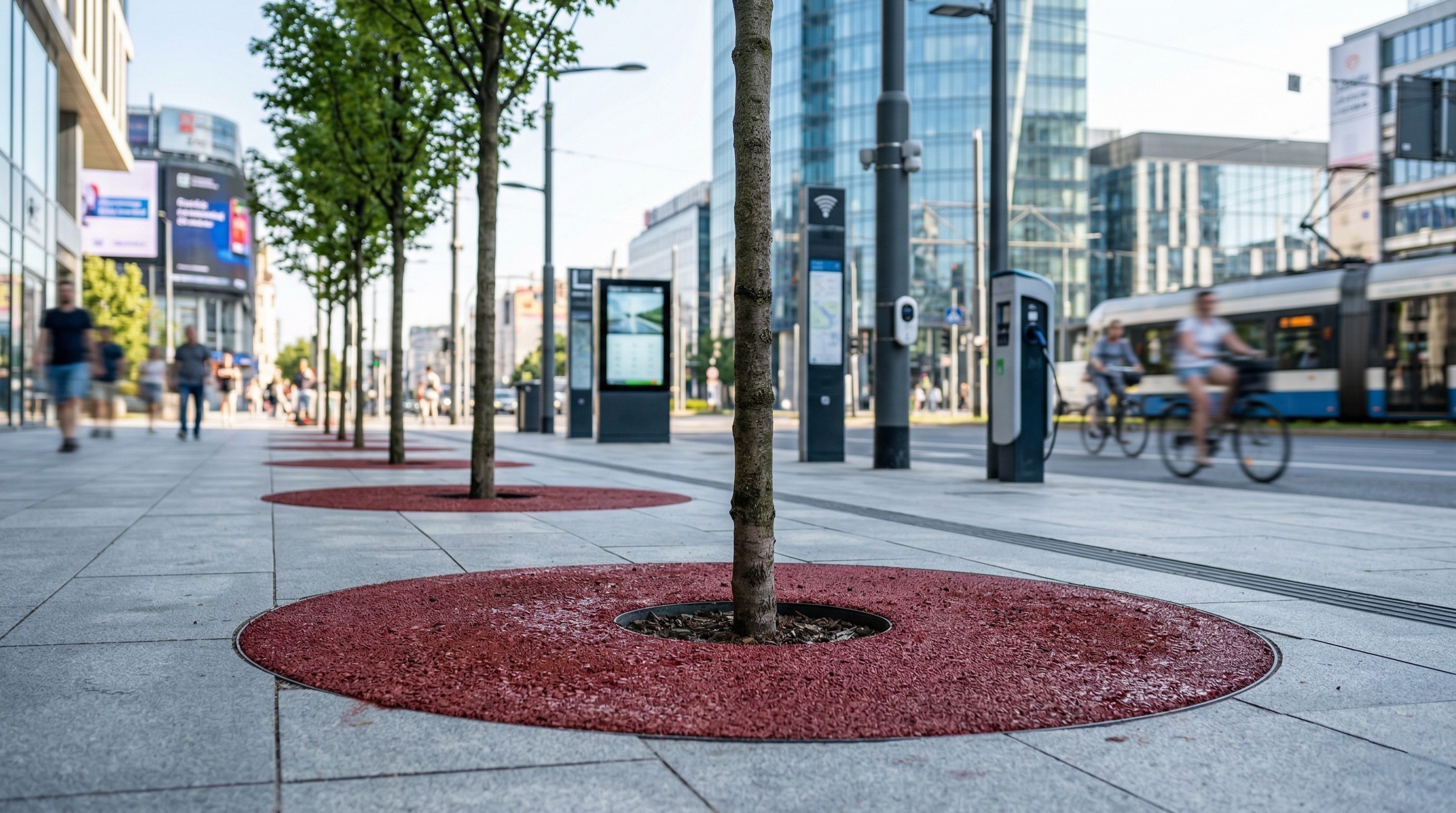 Permeable recycled rubber tree pit surround in urban street