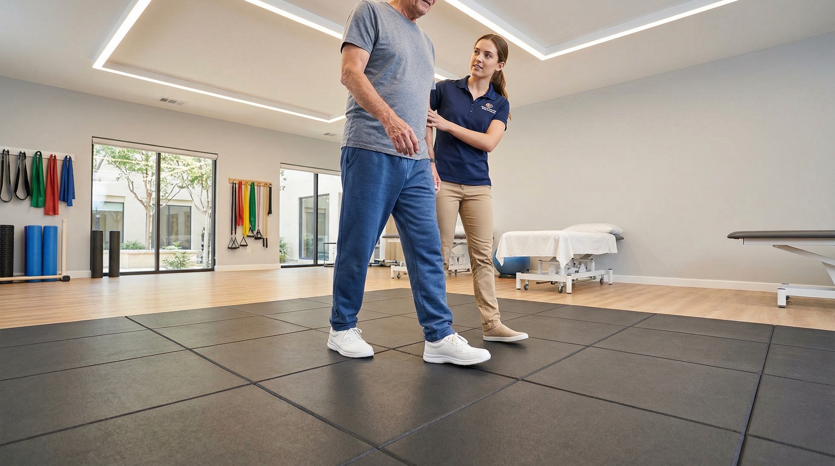 PZH-certified rubber safety flooring in medical rehab room