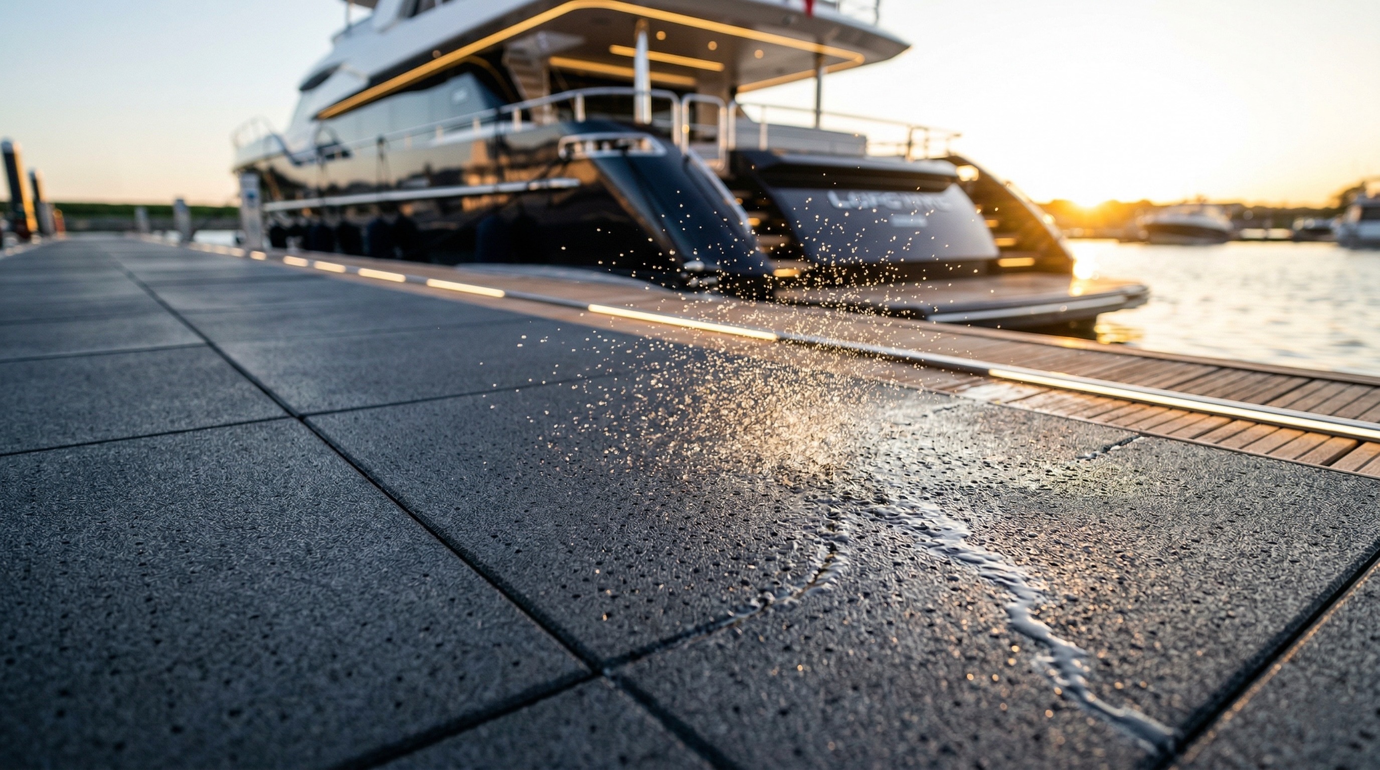 Marine dock rubber drainage tiles beside yacht