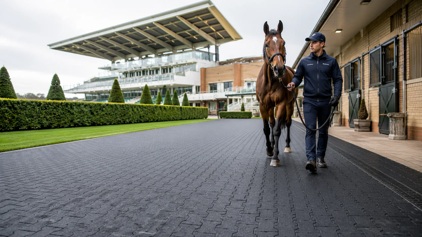 Racecourse stable yard with rubber flooring